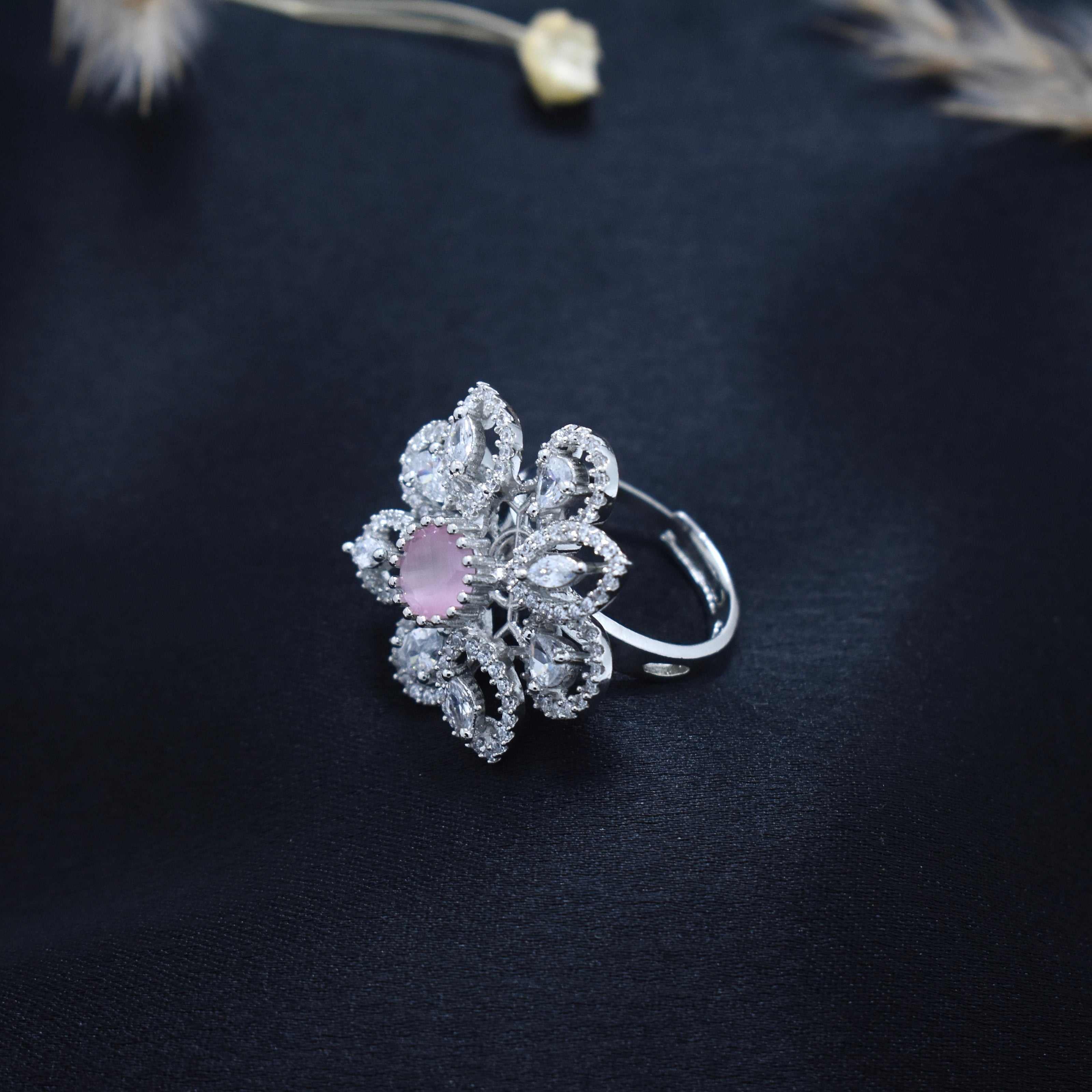 Pink Sparkle Floral Cocktail Silver Ring