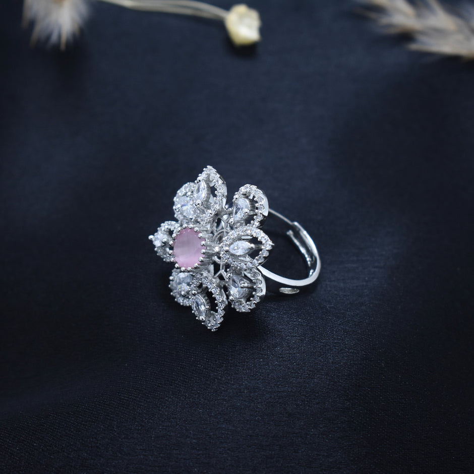 Pink Sparkle Floral Cocktail Silver Ring