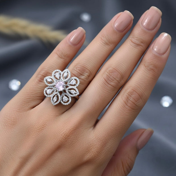 Pink Sparkle Floral Cocktail Silver Ring
