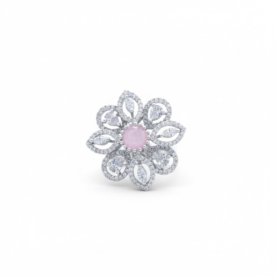 Adjustable Baby Pink Stone Floral Cocktail Ring