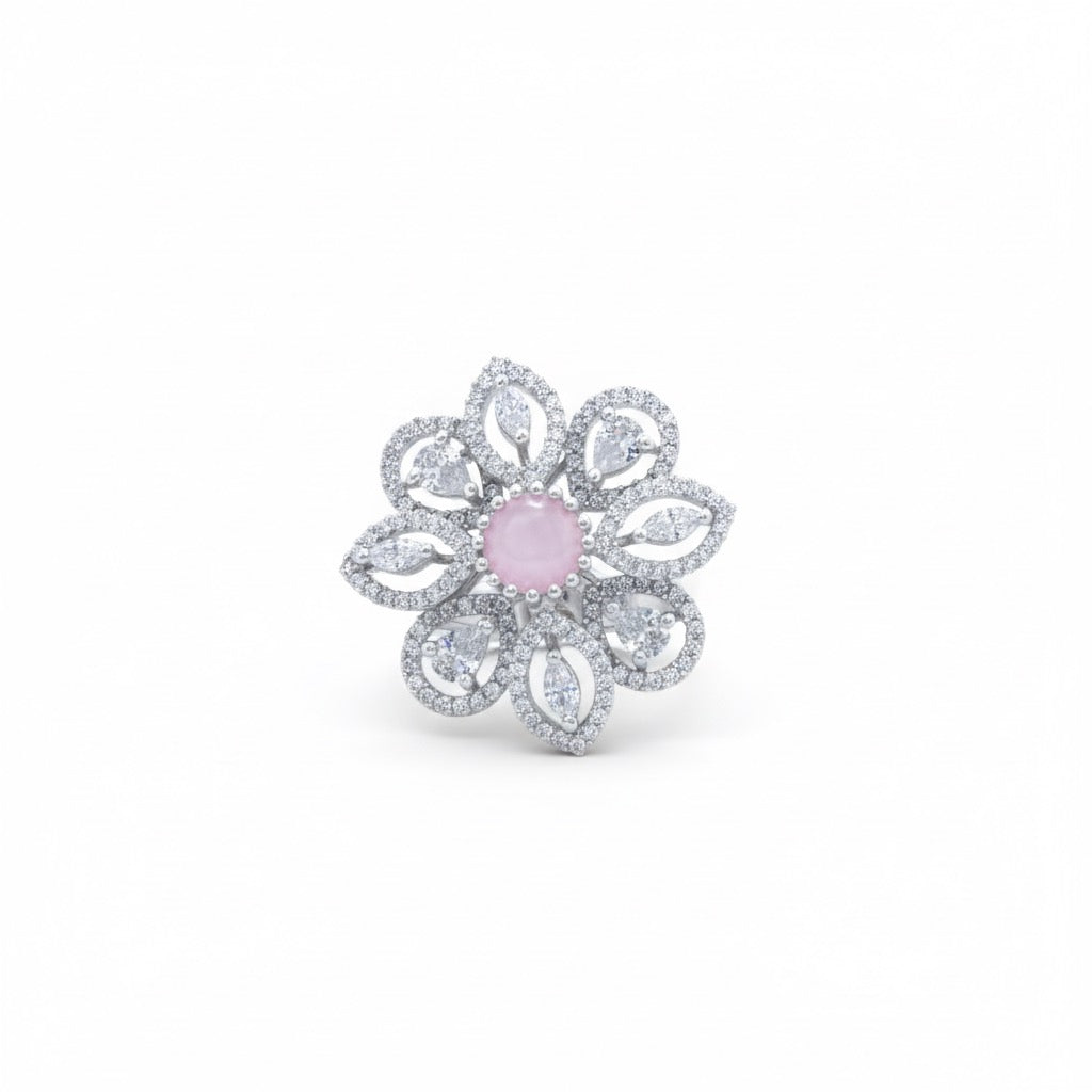 Pink Sparkle Floral Cocktail Silver Ring