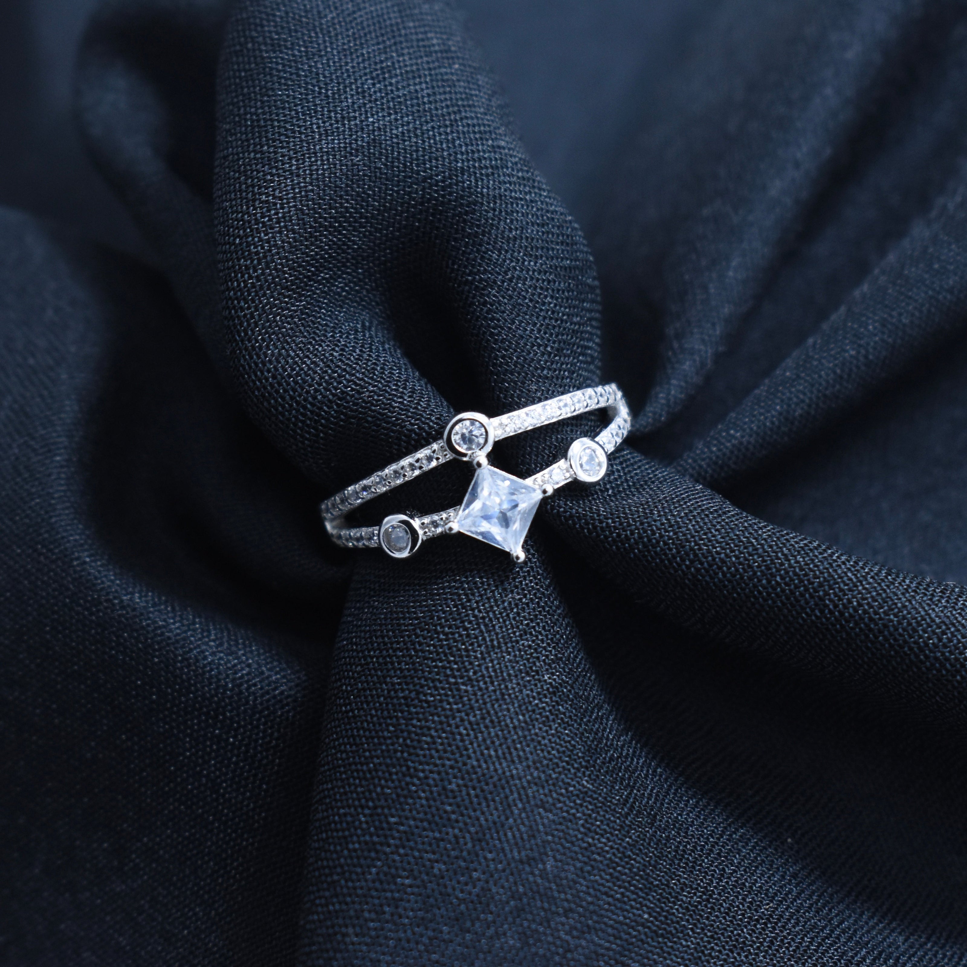 Dainty Double-Band Princess-Cut Silver Ring