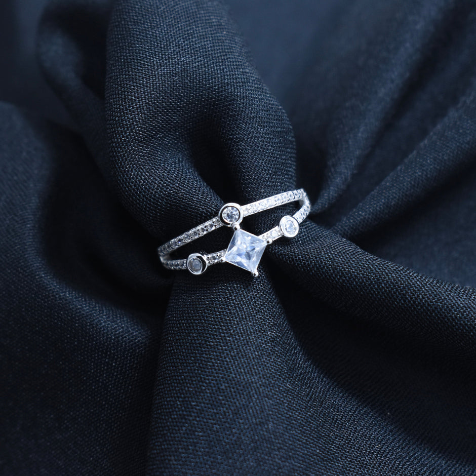 Dainty Double-Band Princess-Cut Silver Ring