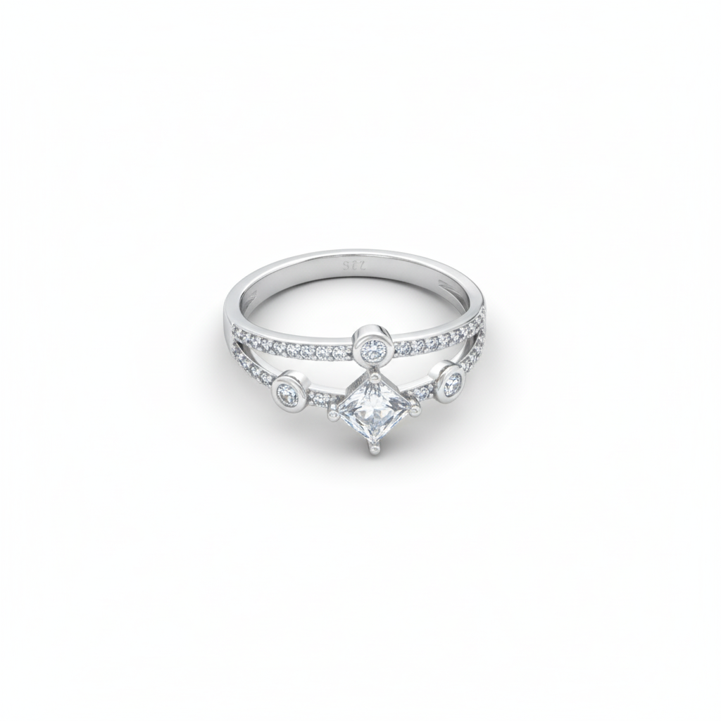 Dainty Double-Band Princess-Cut Silver Ring