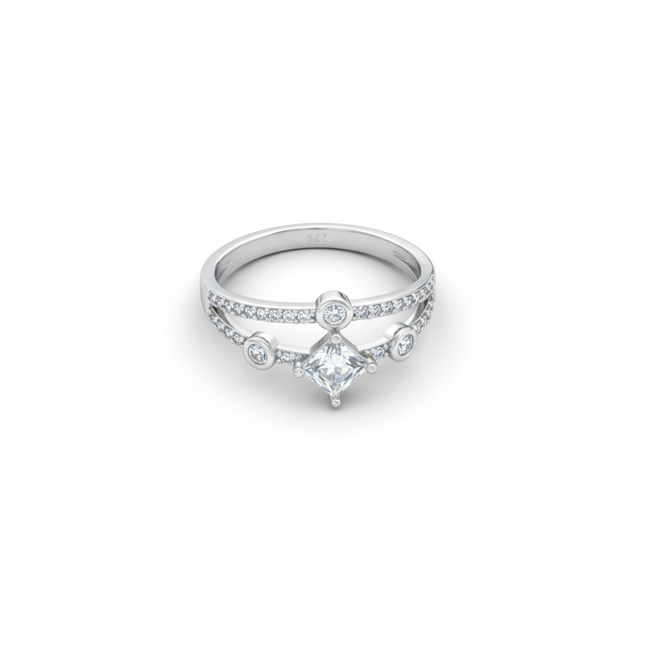 Dainty Double-Band Princess-Cut Silver Ring