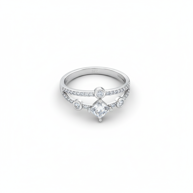 Dainty Double-Band Princess-Cut Silver Ring