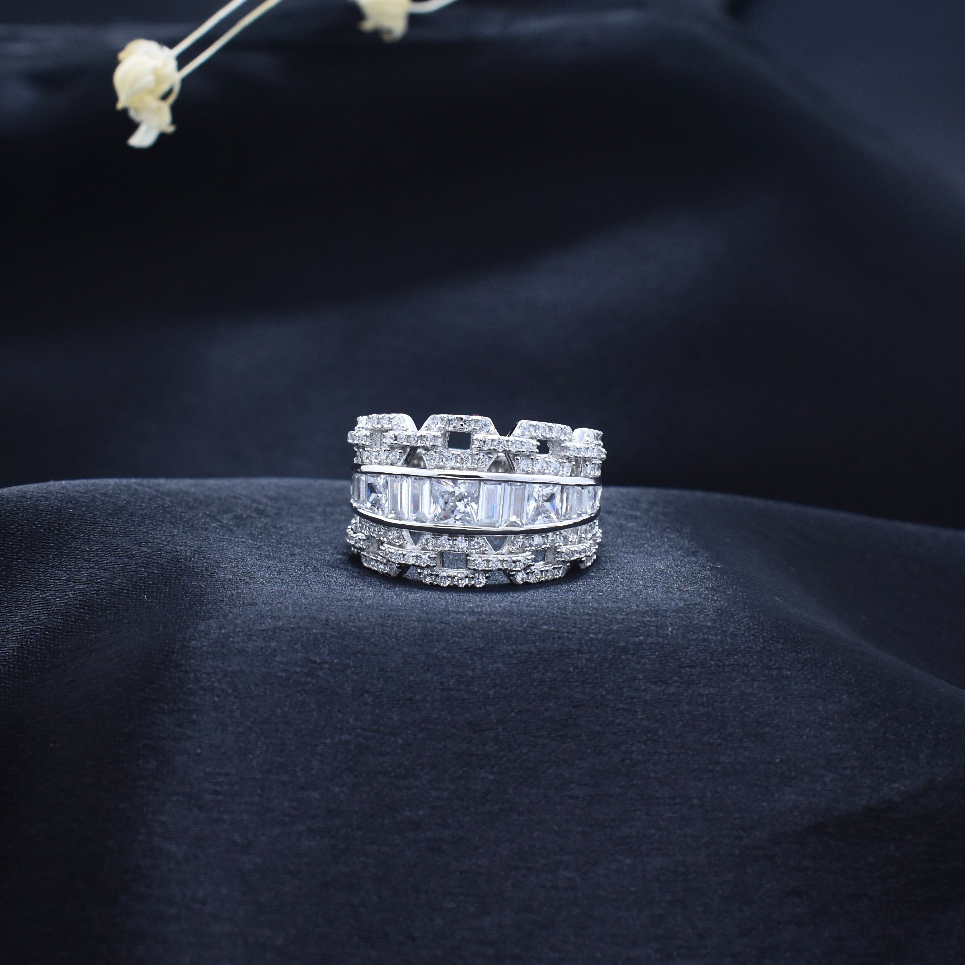 Multi-Row Princess Cut Pave Silver Ring