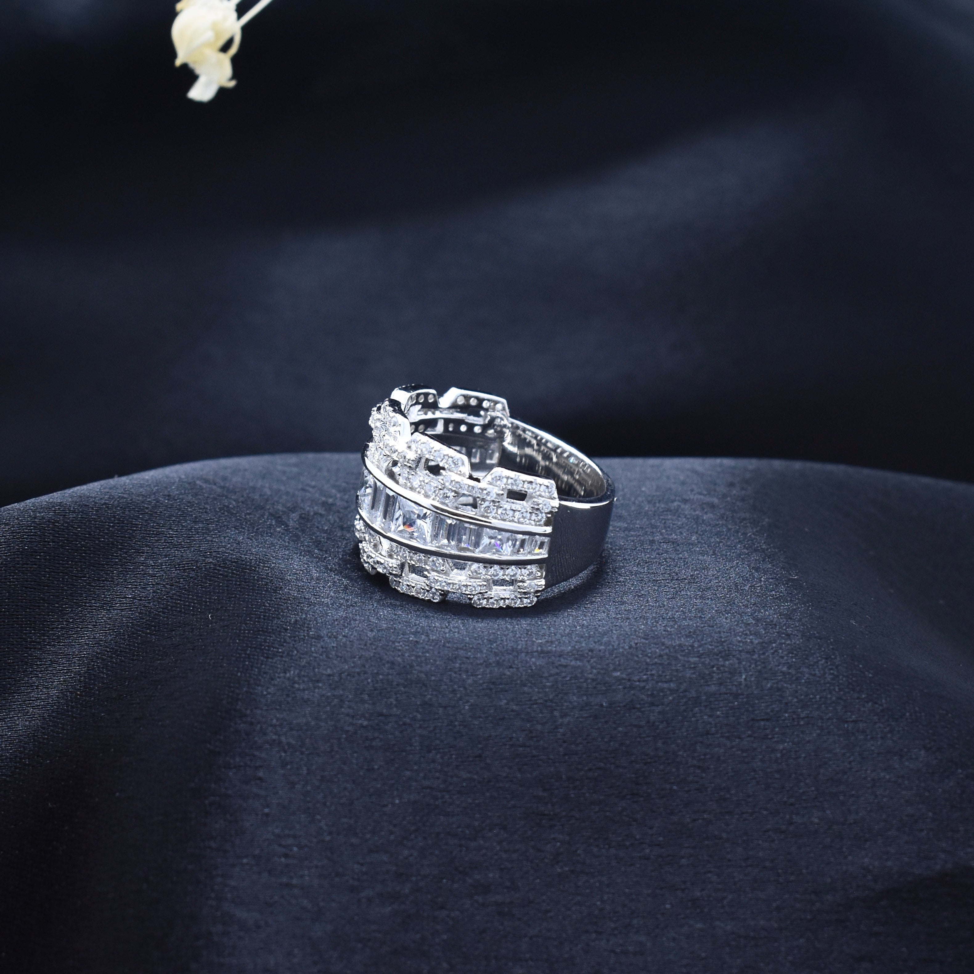 Multi-Row Princess Cut Pave Silver Ring