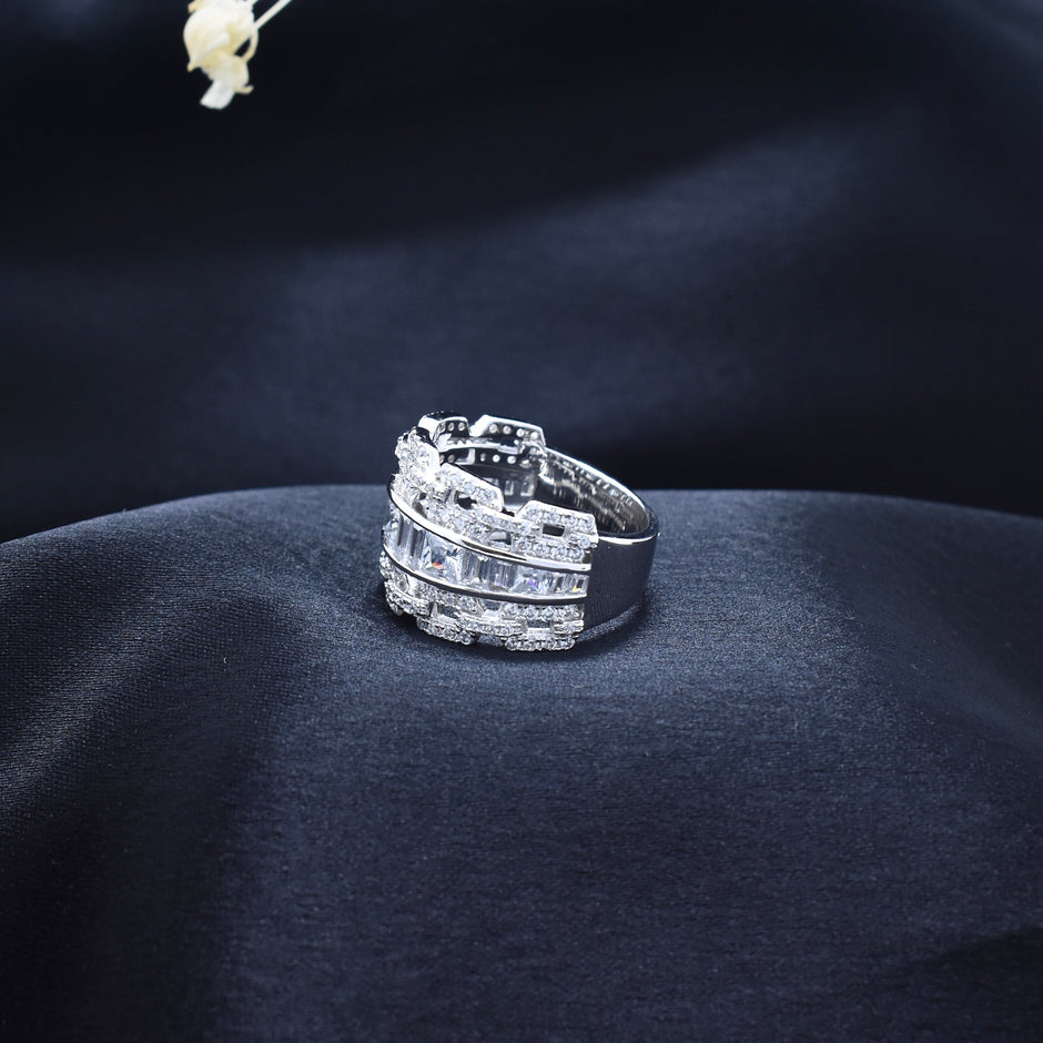 Multi-Row Princess Cut Pave Silver Ring