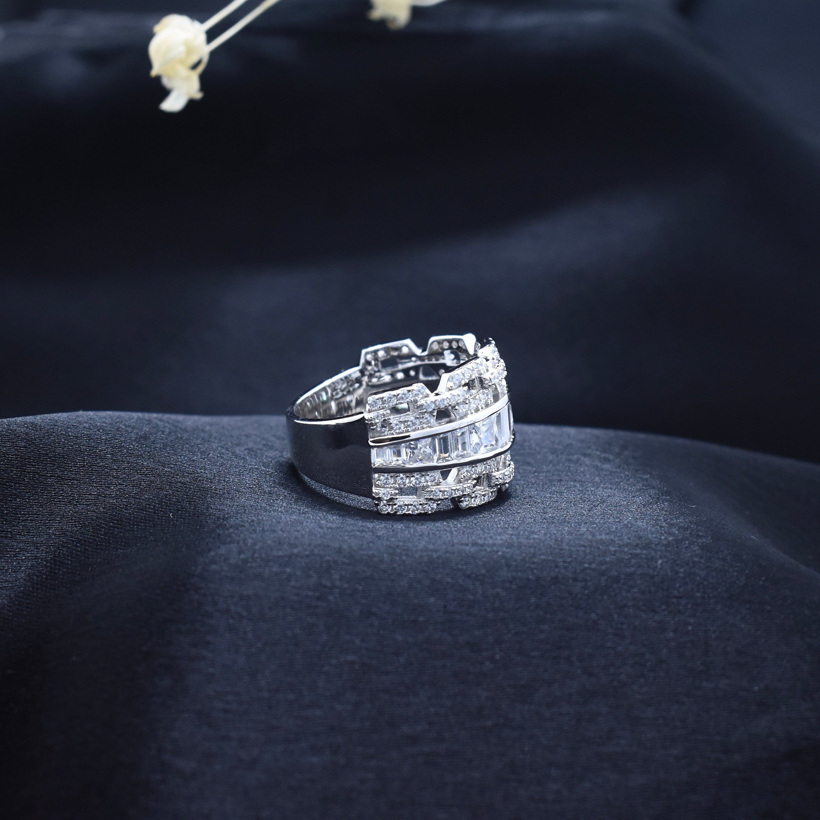 Multi-Row Princess Cut Pave Silver Ring