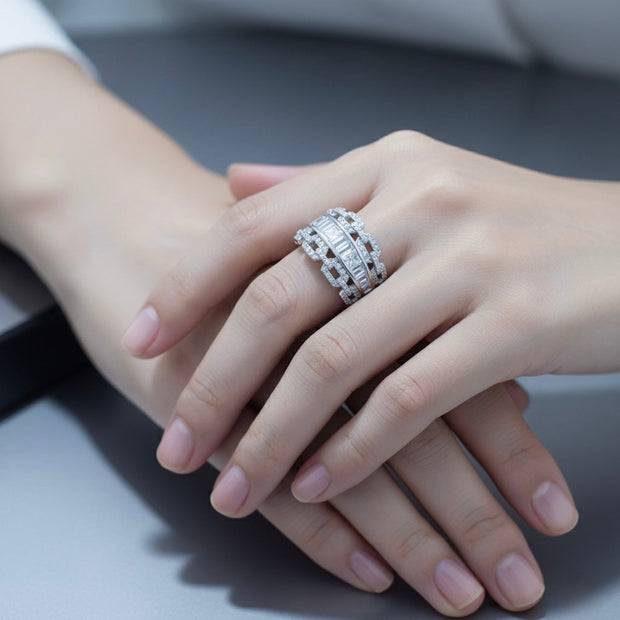 Multi-Row Princess Cut Pave Silver Ring