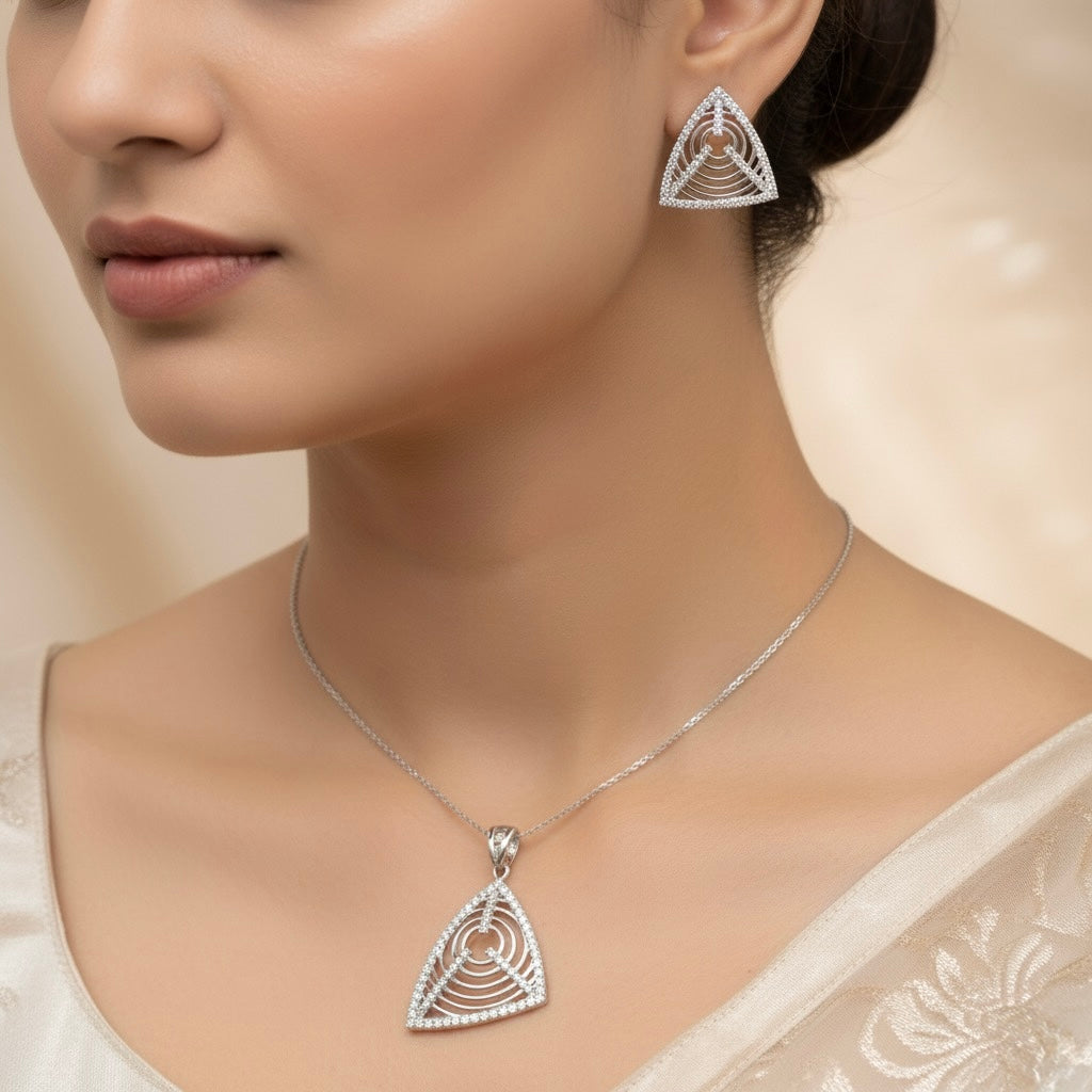 Geometric Triangle Pendant Set with Chain and Earrings
