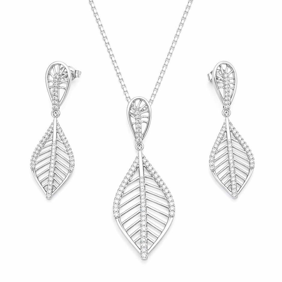 Leaf Design Pendant Set with Chain and Earrings