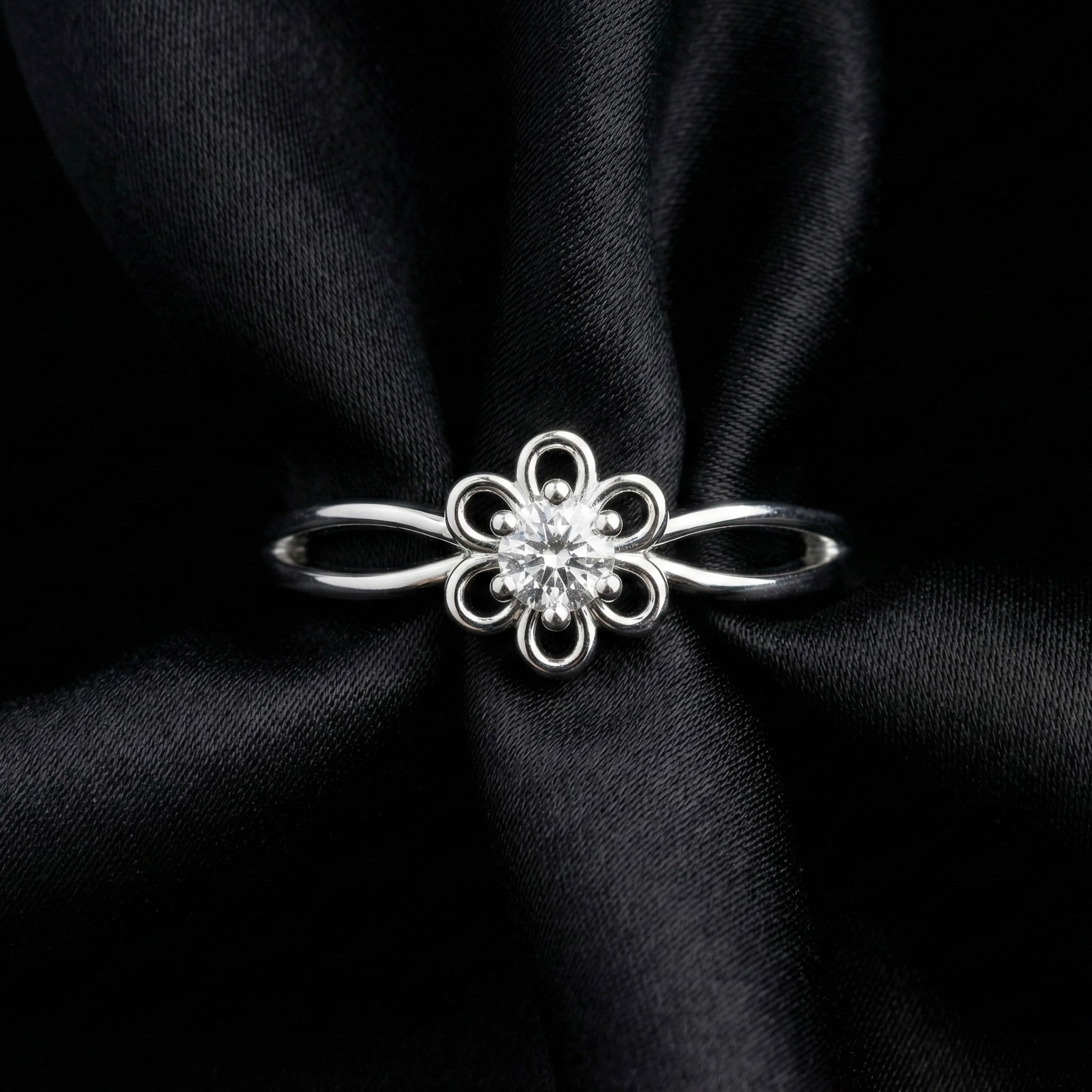 Delicate Floral Solitaire Silver Ring
