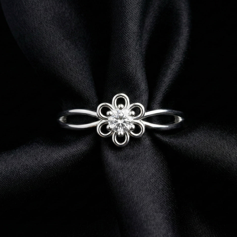 Delicate Floral Solitaire Silver Ring