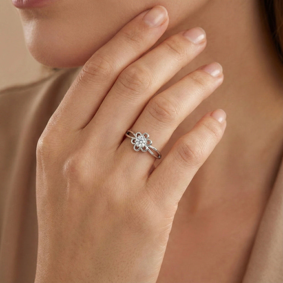 Delicate Floral Solitaire Silver Ring