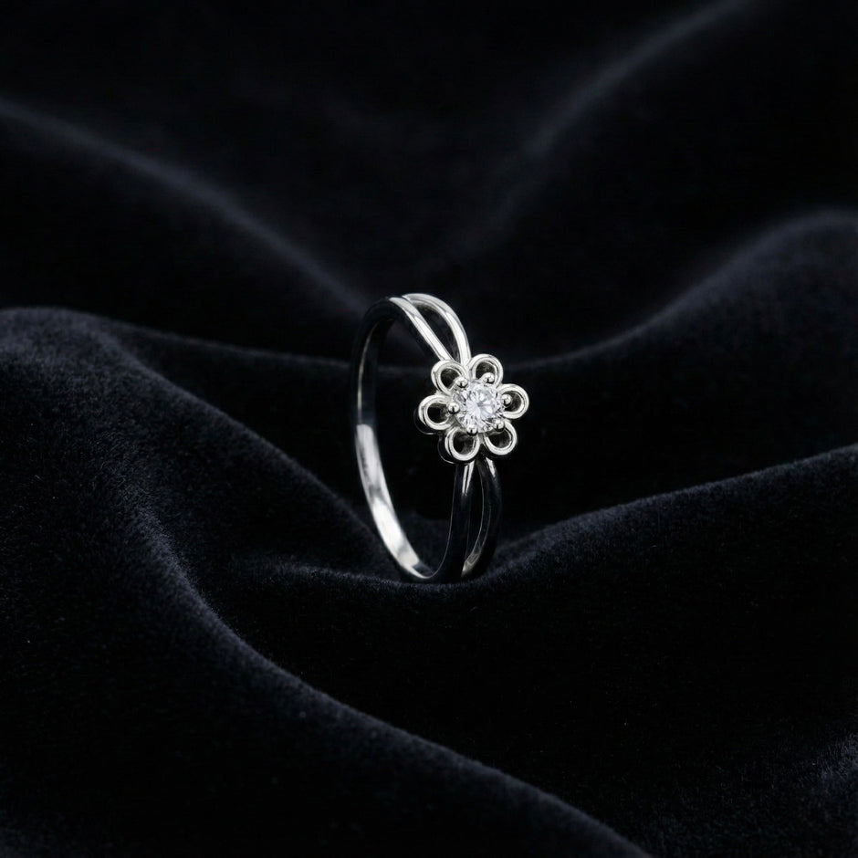 Delicate Floral Solitaire Silver Ring