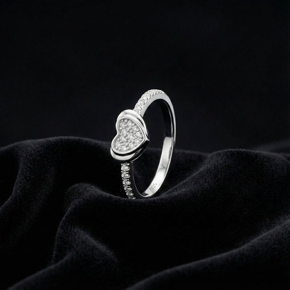 Pave Heart Accent Silver Band Ring