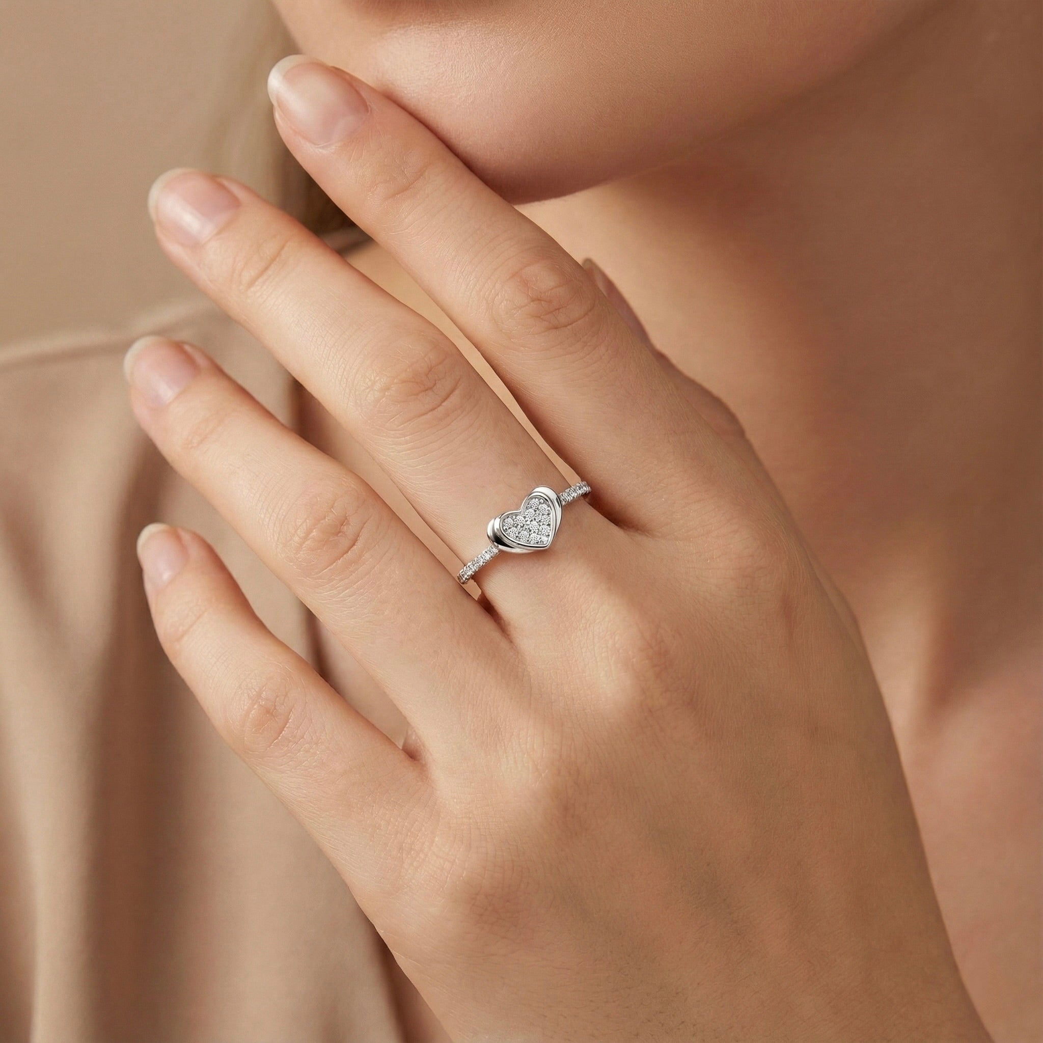 Pave Heart Accent Silver Band Ring