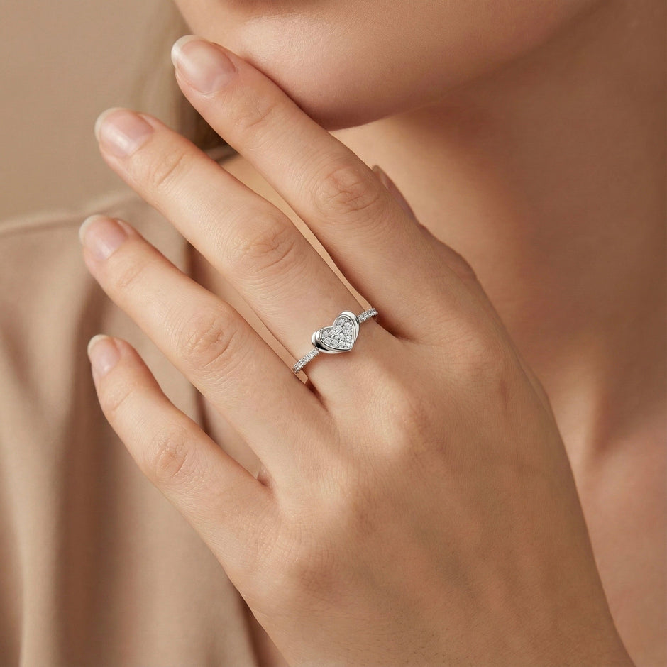 Pave Heart Accent Silver Band Ring