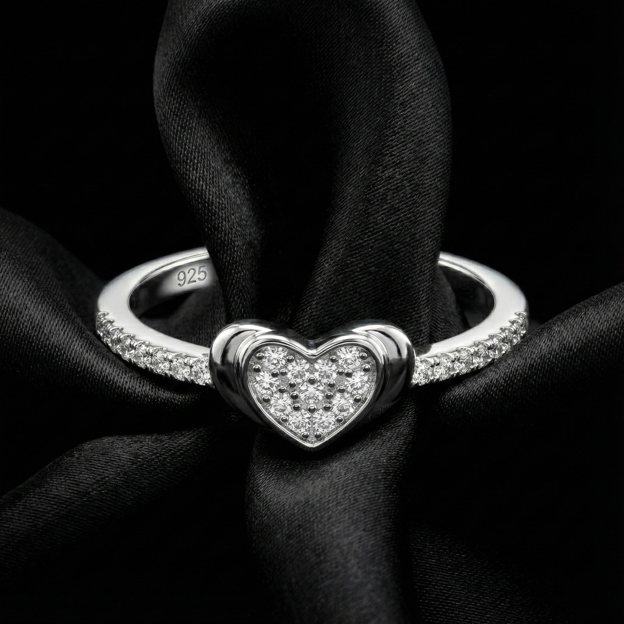 Pave Heart Accent Silver Band Ring