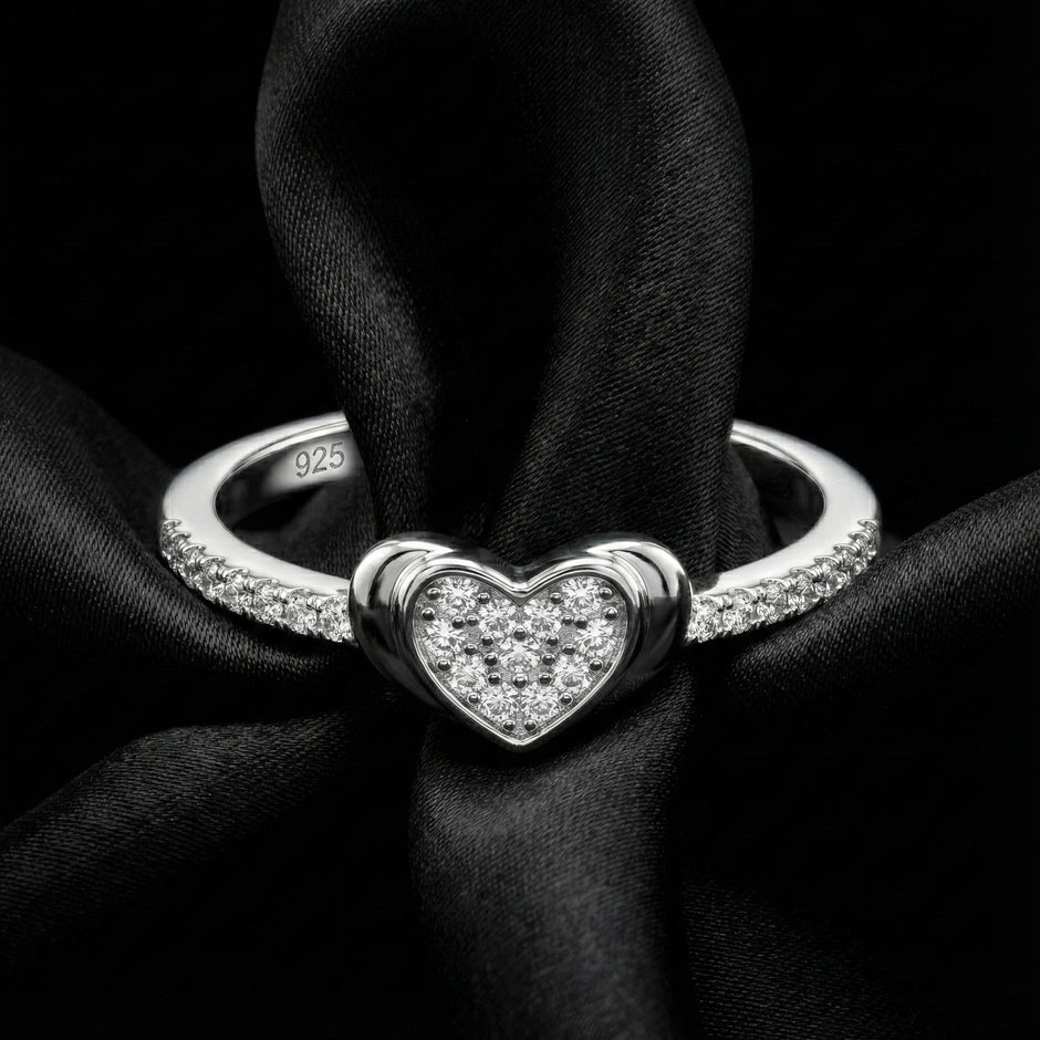 Pave Heart Accent Silver Band Ring