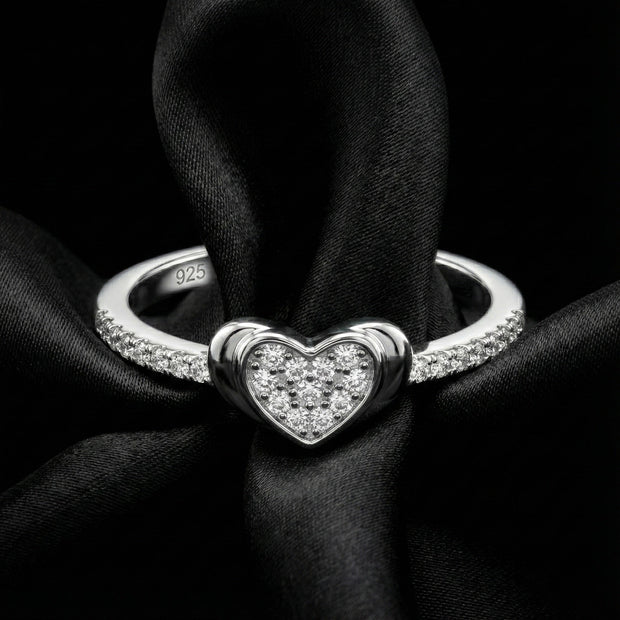 Pave Heart Accent Silver Band Ring