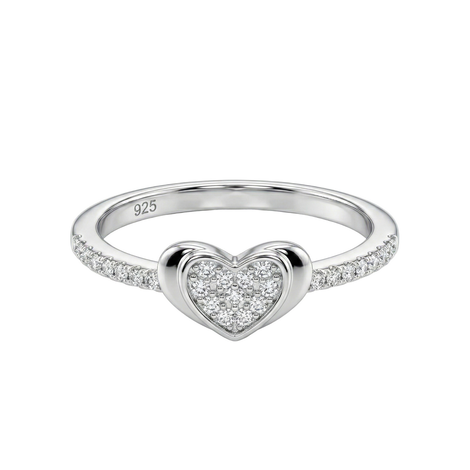 Pave Heart Accent Silver Band Ring