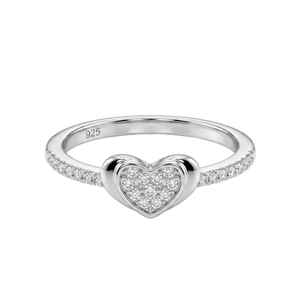 Pave Heart Accent Silver Band Ring