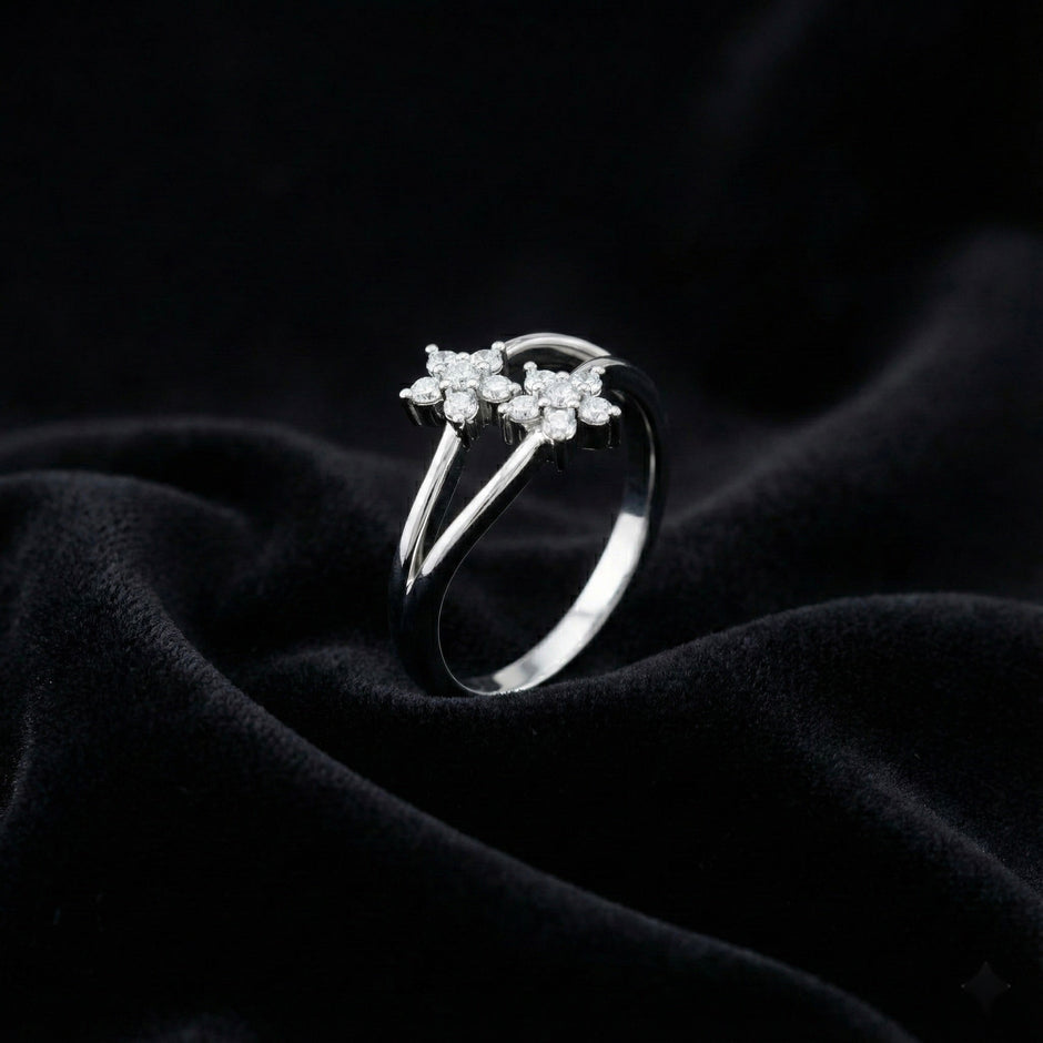 Dual Sparkling Flower Silver Ring