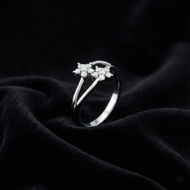 Dual Sparkling Flower Silver Ring