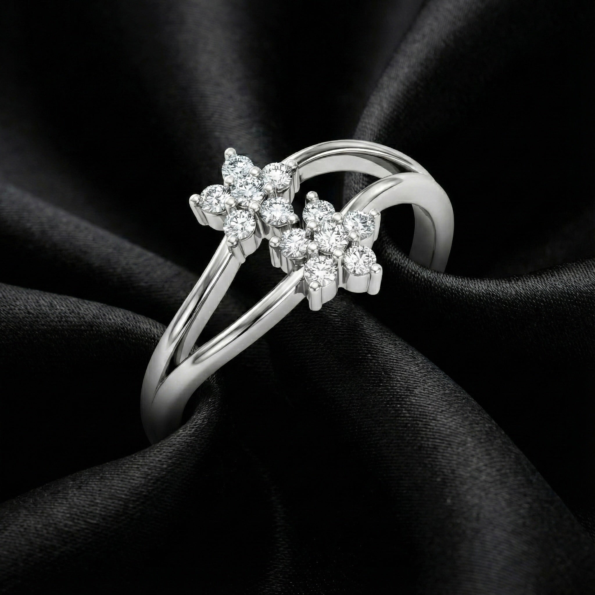 Dual Sparkling Flower Silver Ring