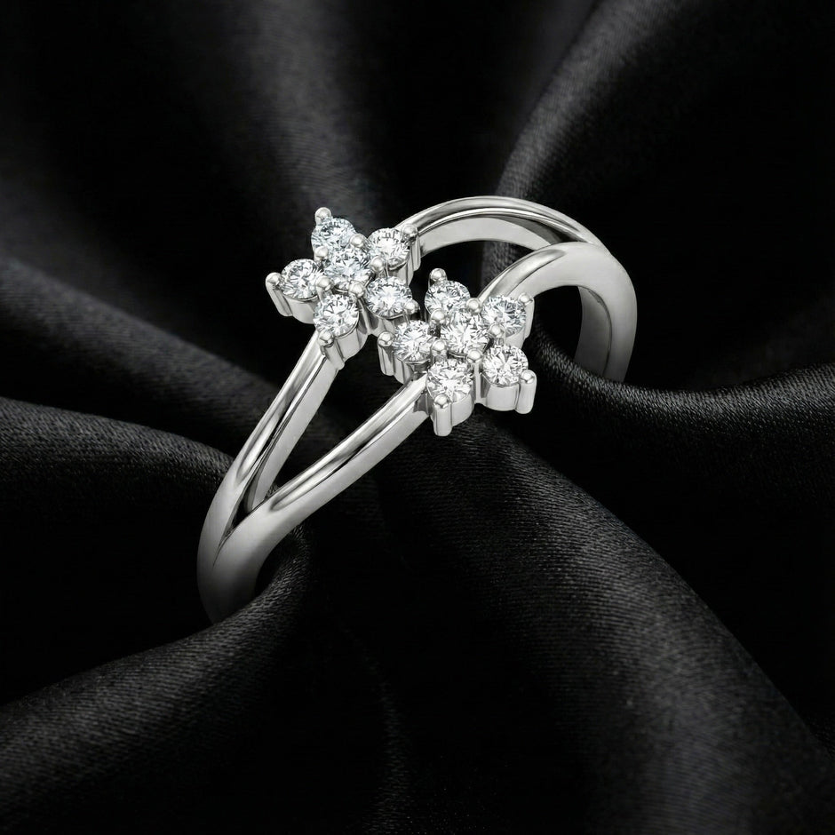 Dual Sparkling Flower Silver Ring