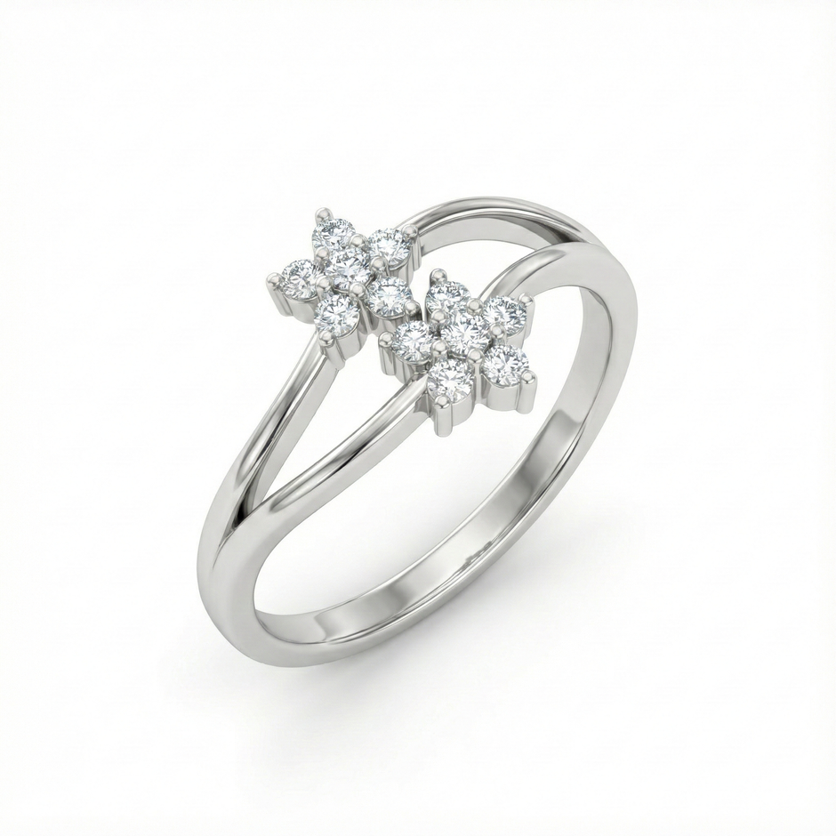 Dual Sparkling Flower Silver Ring