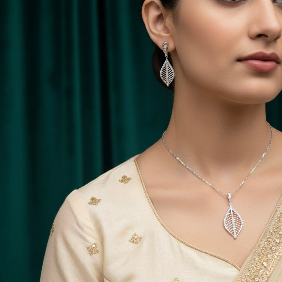 Leaf Design Pendant Set with Chain and Earrings