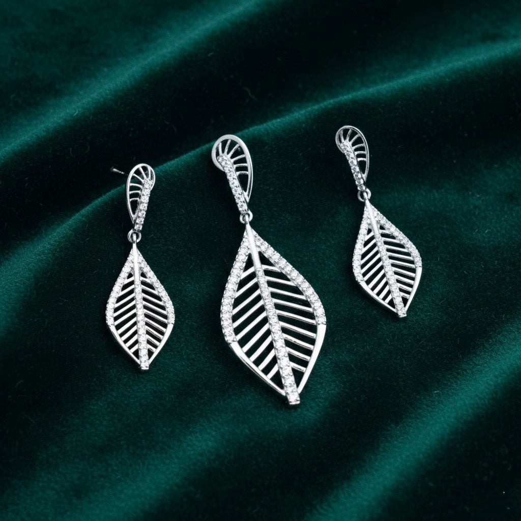 Leaf Design Pendant Set with Chain and Earrings