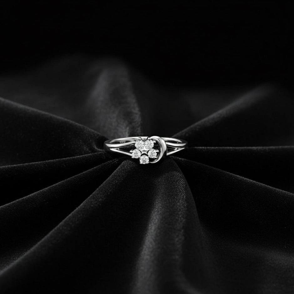 Celestial Flower & Moon Silver Ring
