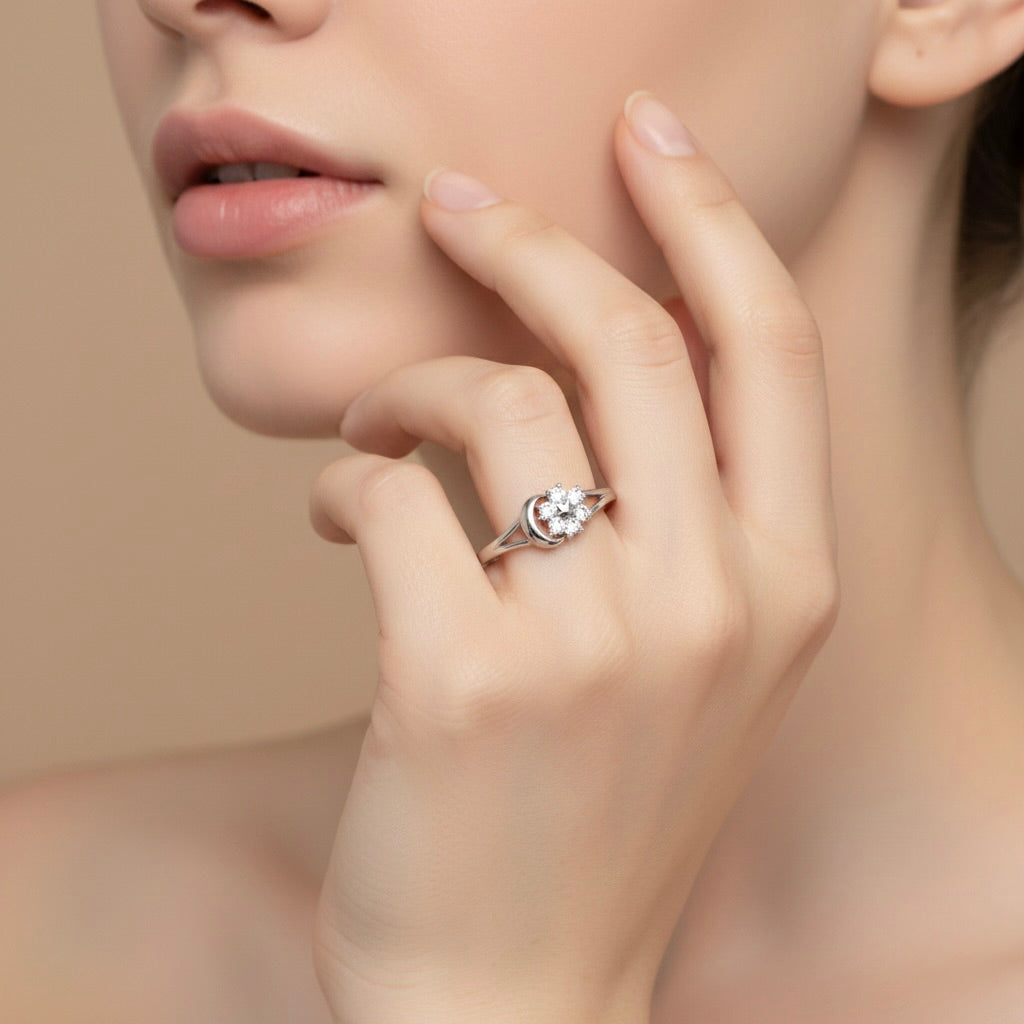 Celestial Flower & Moon Silver Ring
