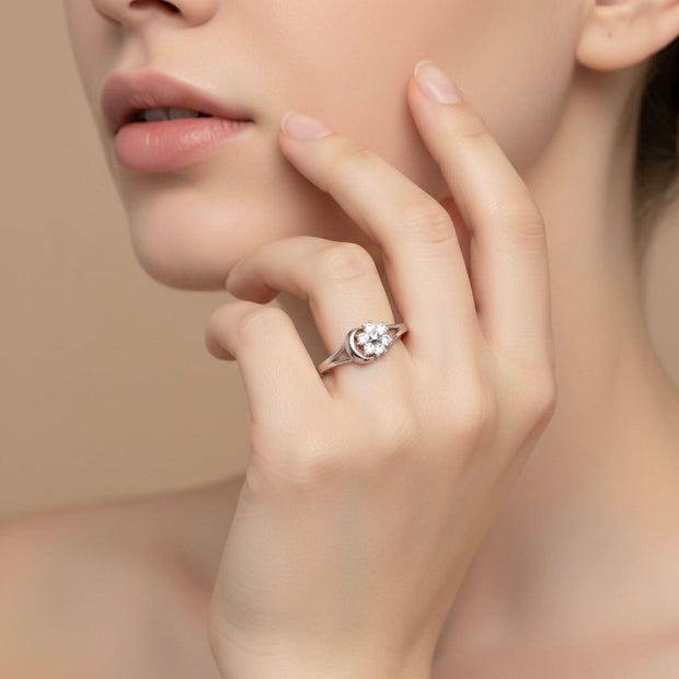 Celestial Flower & Moon Silver Ring