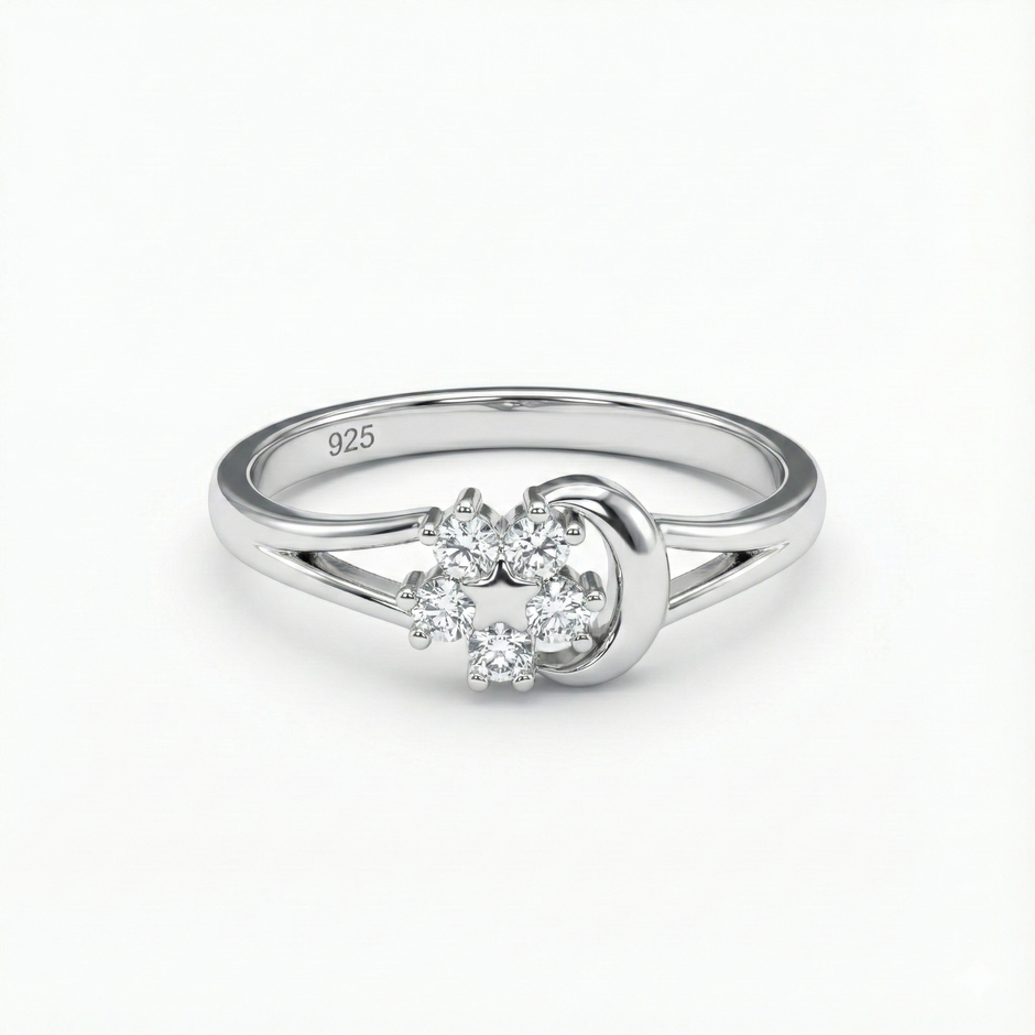 Celestial Flower & Moon Silver Ring