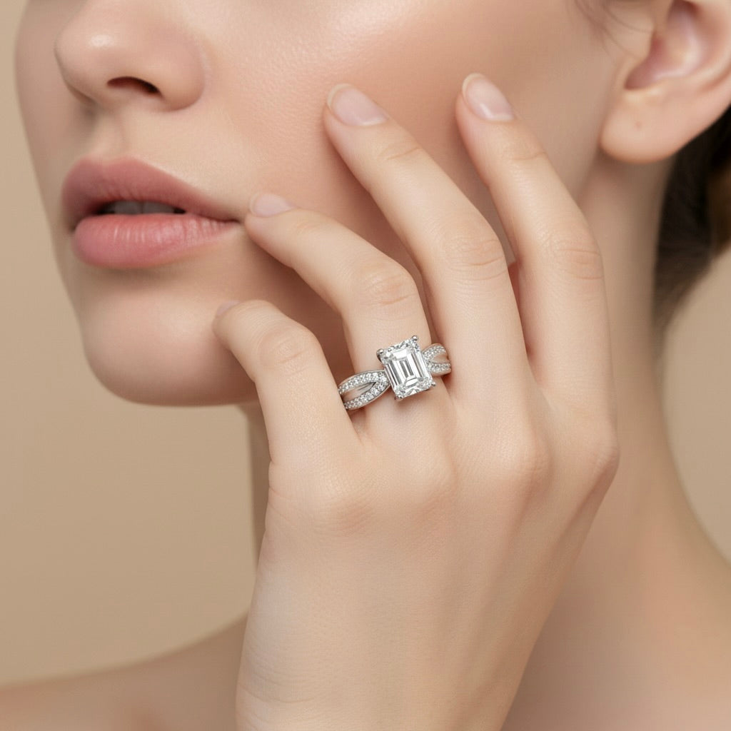 Wide Band Emerald Solitaire Silver Ring