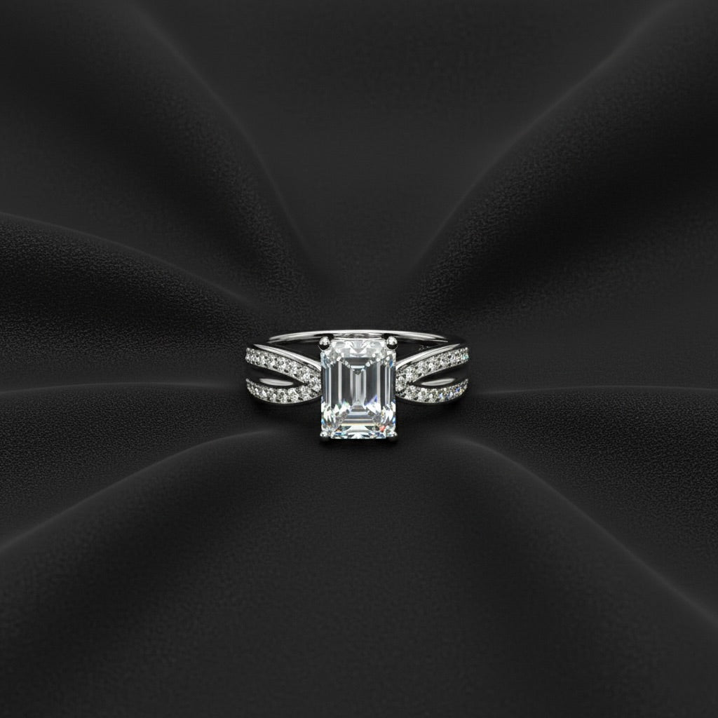 Wide Band Emerald Solitaire Silver Ring