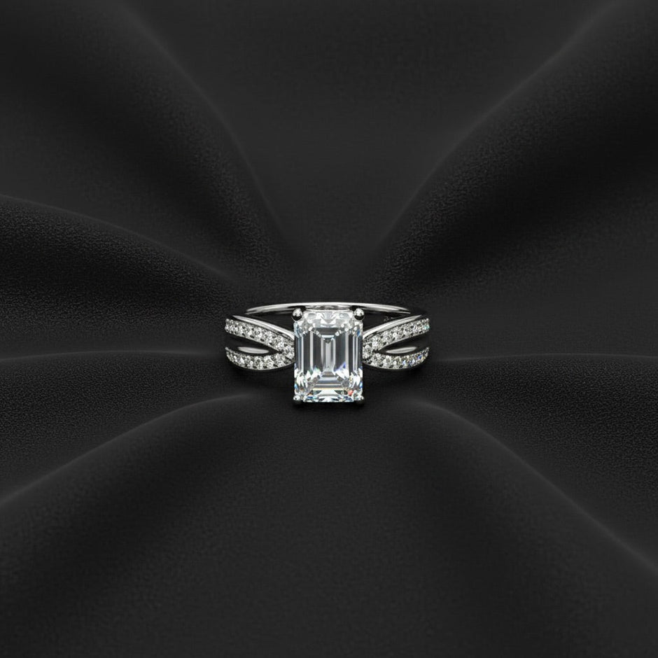 Wide Band Emerald Solitaire Silver Ring