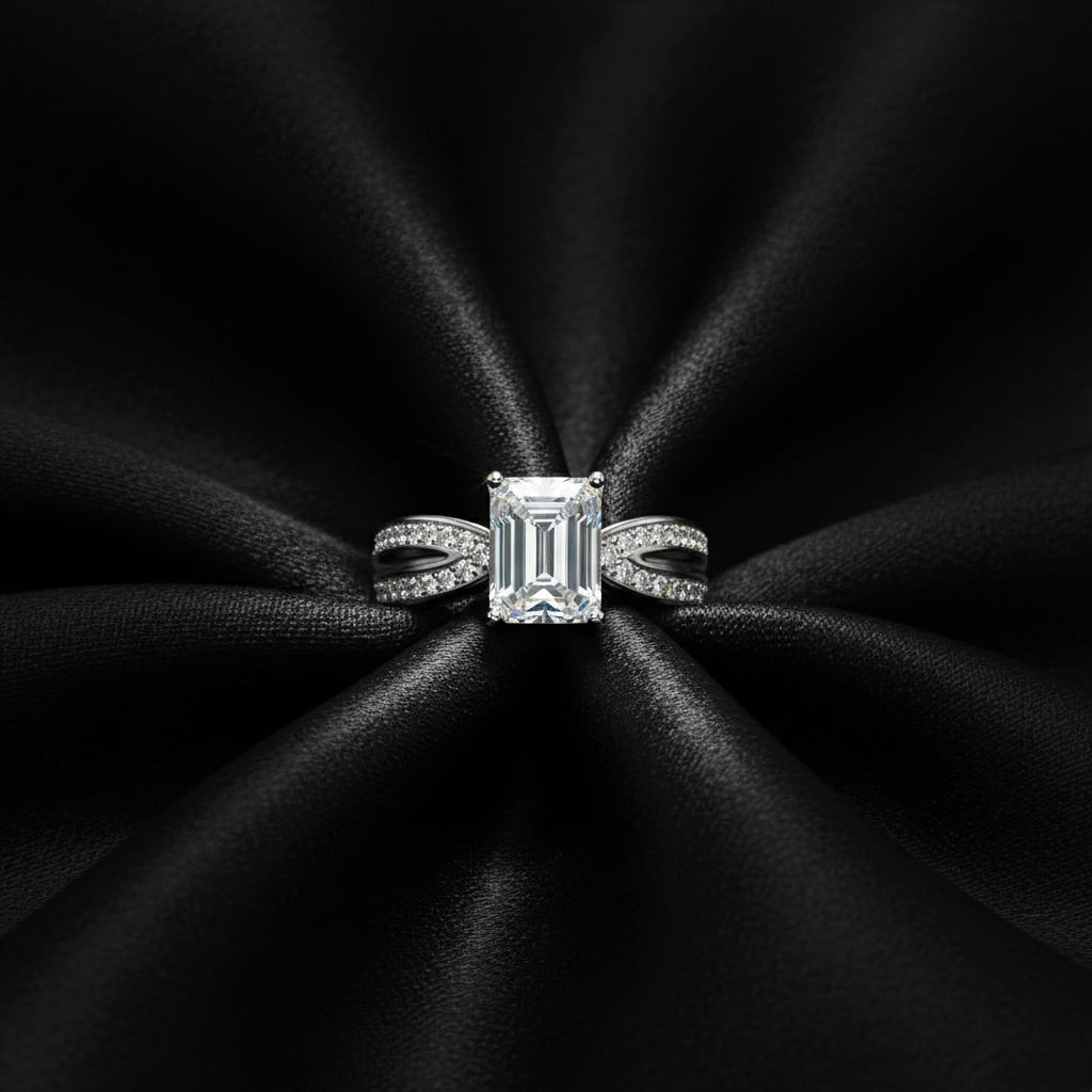 Wide Band Emerald Solitaire Silver Ring