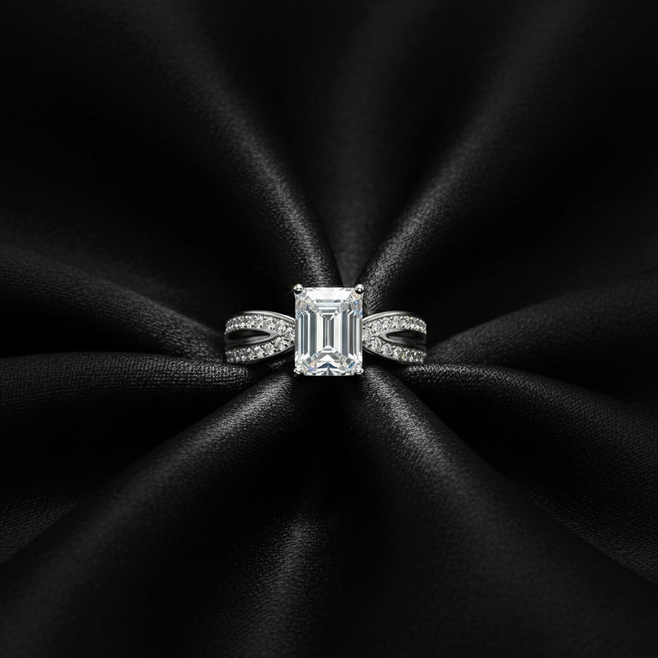 Wide Band Emerald Solitaire Silver Ring