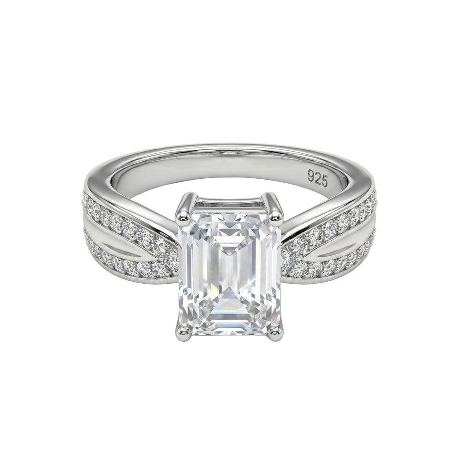 Wide Band Emerald Solitaire Silver Ring