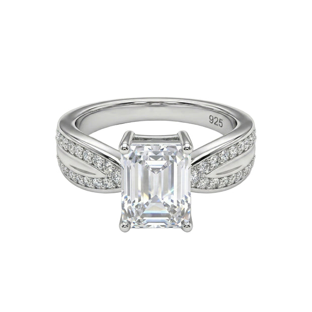 Wide Band Emerald Solitaire Silver Ring