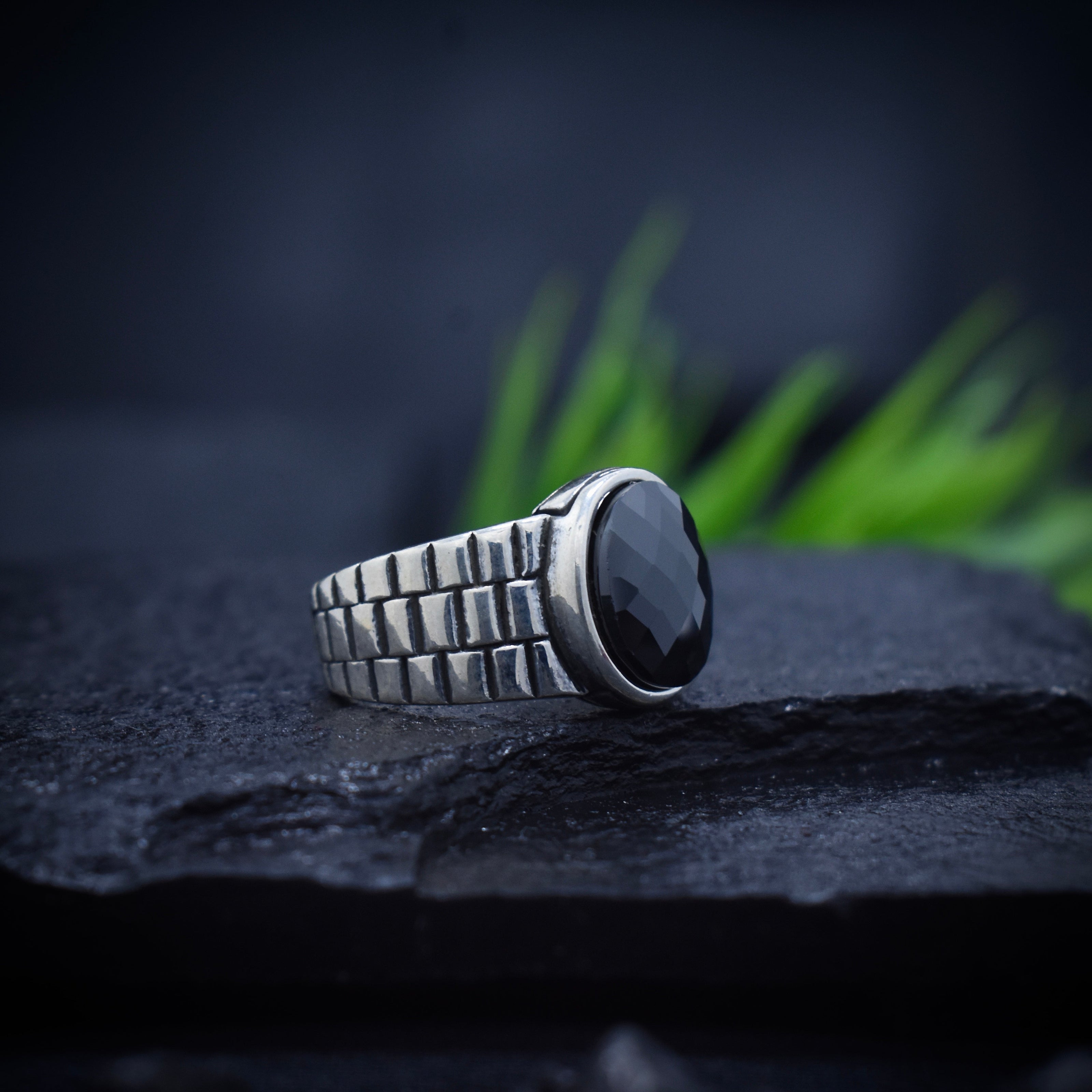 Antique Silver Black Dome Classic Ring