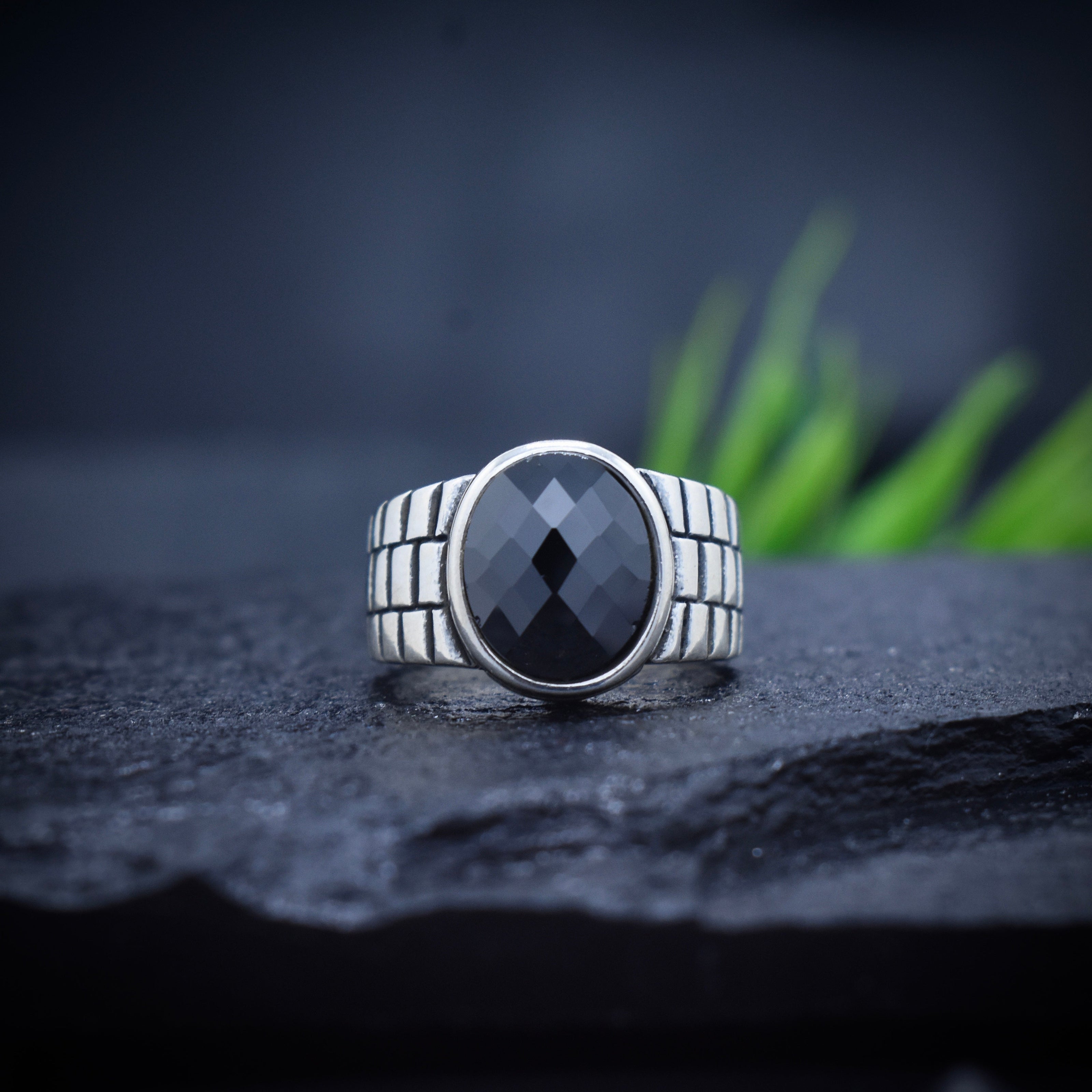 Antique Silver Black Dome Classic Ring