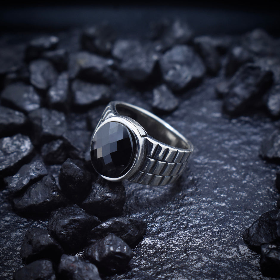 Antique Silver Black Dome Classic Ring